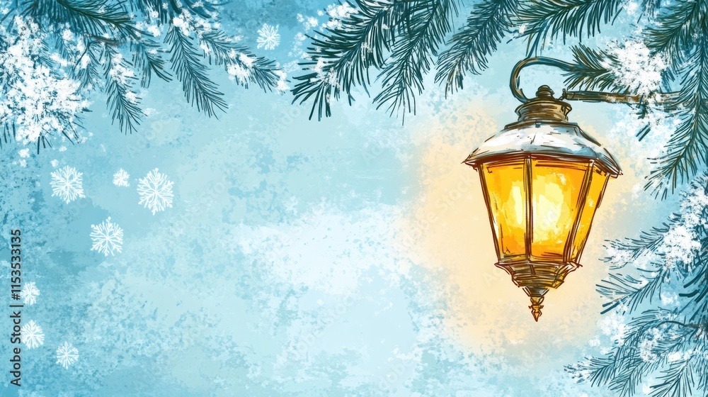 Poster winter doodle of a glowing street lantern surrounded by snowflakes and evergreen branches in a chill