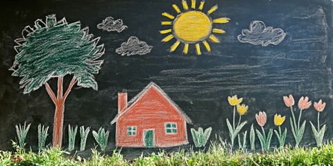 Chalk drawings on a blackboard showcase a house, a tree, the sun, and grass, capturing the essence of children s artistic expression through their creative chalk drawings.