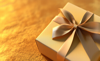 A luxurious golden gift box with an elegant satin ribbon placed on textured golden fabric under...