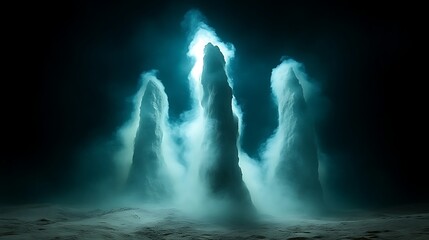 Naklejka premium Ethereal glowing ice formations rising from a dark, icy landscape.