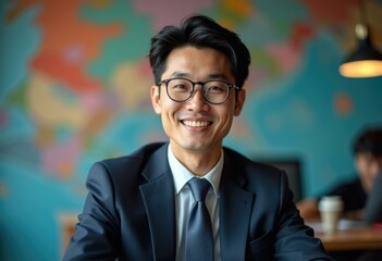 Fototapeta premium A smiling businessman wearing glasses, dressed in a suit and tie, looks directly at the camera.