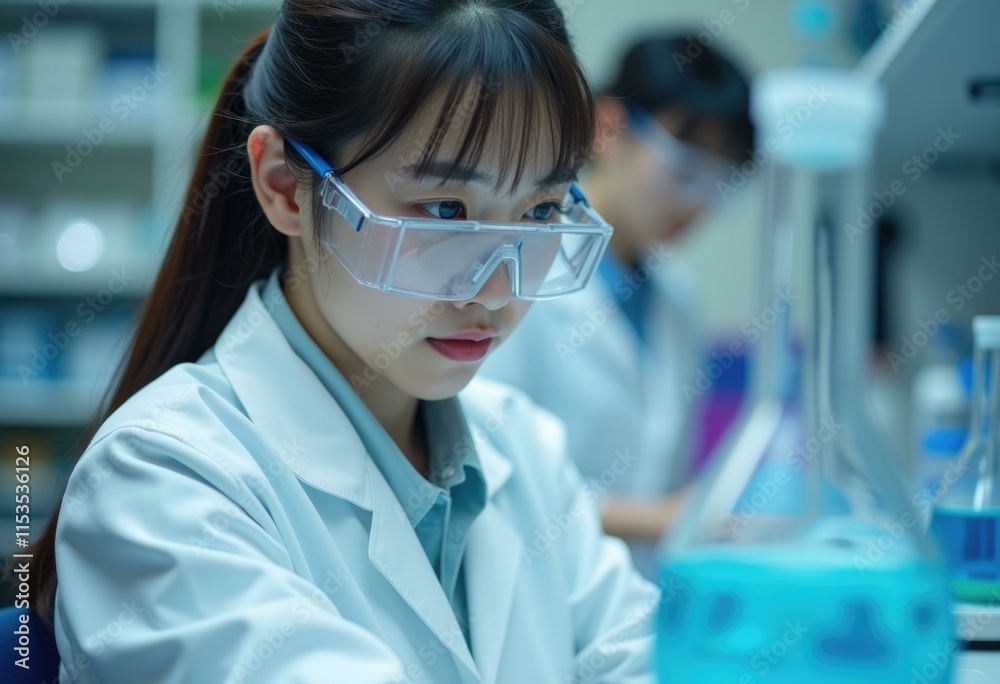 Poster a female scientist in a lab coat and safety goggles is working on an experiment