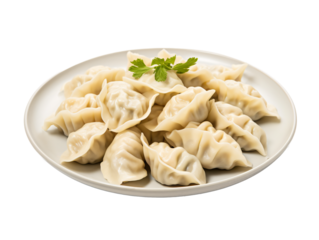 a plate of dumplings on a white background