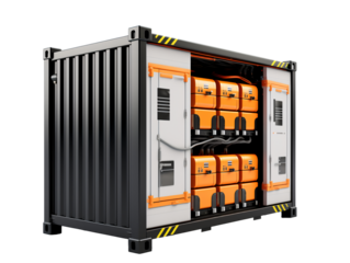 a black and yellow container with white doors