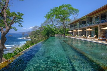 A modern resort with sleek lines and ocean views