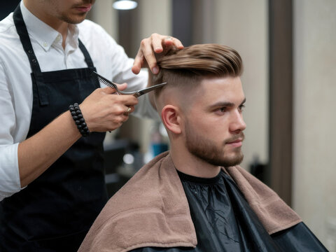 Primer plano de peluquero haciendo un corte de pelo moderno a un joven apuesto
