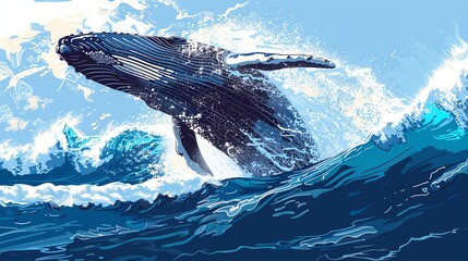 A whale breaches the surface of the ocean, creating a splash of water.