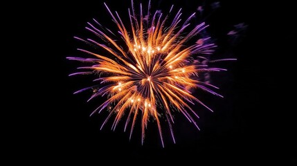 Fototapeta premium New Year's Day fireworks in the sky, orange and purple tones with black background, capture New Year celebrations, real firecrackers and fireworks celebrations in super realistic high resolution
