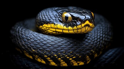 Obraz premium Striking Black and Yellow Snake Coiled on Dark Background for Wildlife Images