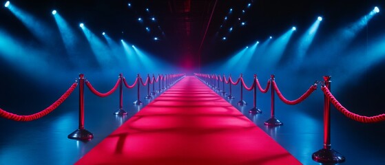 elegant vip red carpet walkway with red rope barriers connected to polished golden stanchions and spotlights illuminate the space.  fame for ceremony and events awards.