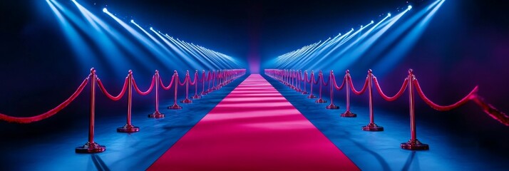 elegant vip red carpet walkway with red rope barriers connected to polished golden stanchions and spotlights illuminate the space.  fame for ceremony and events awards.