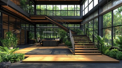 Modern Interior with Open Space, Greenery, and Stylish Staircase Design