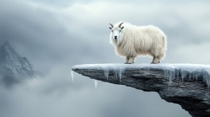 Majestic Mountain Goat Standing on Icy Edge in Dramatic Cloudy Landscape