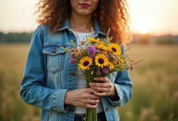 Naklejka premium Woman in a denim jacket holding a bouquet of wildflowers in a field.