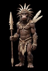 Fototapeta premium Tribal warrior ape with a wooden spear, wearing a headdress made of feathers, beads and bones , against a dark background