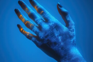 Silhouette of a hand with glowing biometric scanners in a blue digital environment