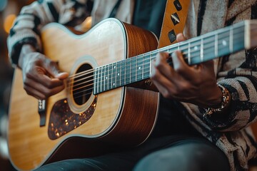 Obraz premium Close-Up of Skilled Musician Playing Acoustic Guitar with Passion in a Cozy Indoor Setting, Capturing the Essence of Live Music Performance and Creativity