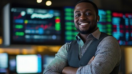Fototapeta premium Black male stock trader, currency exchange, crypto currency, investor, copy space, smiling