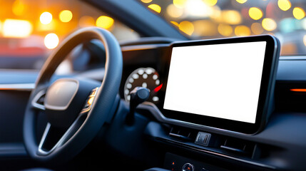 A car interior featuring a sleek dashboard and a blank touchscreen display, with soft blurred city lights in the background.