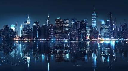 A city skyline at night with a full moon and reflections.
