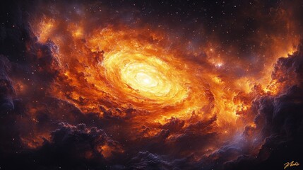 Obraz premium Fiery cosmic swirl, nebula with bright core, swirling clouds of gas and dust.