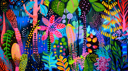 Colorful abstract floral wall art of a vibrant jungle rainforest with different plants.. Bright neon colors horizontal maximalist floral summer poster
