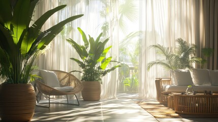 Fototapeta premium A nature-inspired living room with large potted plants, bamboo furniture, and sunlight streaming through sheer curtains