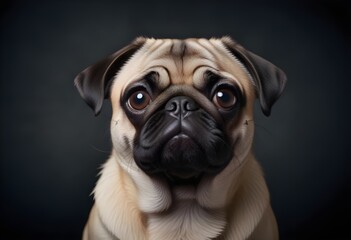 Obraz premium A close-up portrait of a pug dog with a curious and endearing expression, set against a dark background