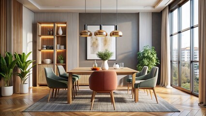 Modern Dining Room Interior with Empty Frame Mockup for Art or Photo Display