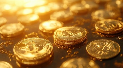 Close-up of shiny gold Bitcoin coins stacked to create a rich and vibrant scene, emphasizing the allure of cryptocurrency.