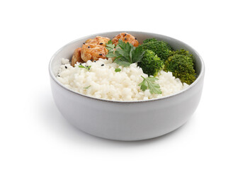 Tasty rice with broccoli, chicken and parsley isolated on white