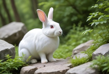 A young white rabbit sitting on a rocky terrain with blurred green foliage in the background