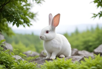 Fototapeta premium A young white rabbit sitting on a rocky terrain with blurred green foliage in the background