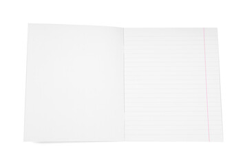 One open copybook isolated on white, top view. School stationery