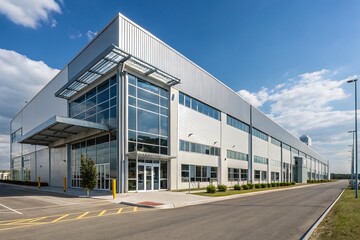 Obraz premium Modern Industrial Architecture: Sleek Factory & Warehouse Exterior Portrait