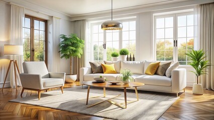 Modern Living Room Interior: White Couch, Coffee Table, Comfortable Chair - Stock Photo