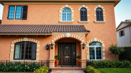 Fototapeta premium Two-story stucco house with terracotta tile roof, arched entryway, and multiple windows. The exterior is peach-colored with off-white accents. Landscaping is visible at the base.