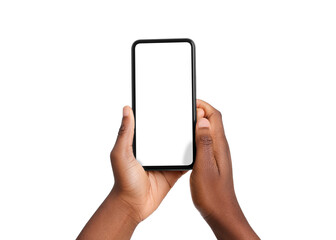 Woman with modern smartphone on white background, closeup