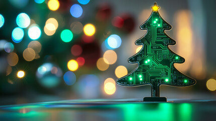 A miniature Christmas tree made of circuit boards with glowing green lights, set against a colorful bokeh holiday background.