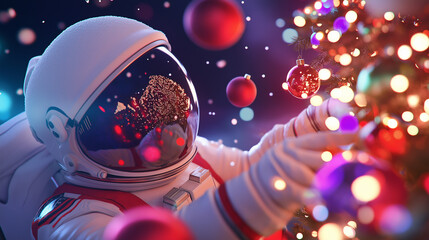 An astronaut decorating a floating Christmas tree with festive ornaments in space, blending holiday spirit with science fiction.