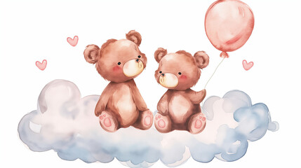 Adorable Watercolor Teddy Bears on Clouds with Balloon and Hearts