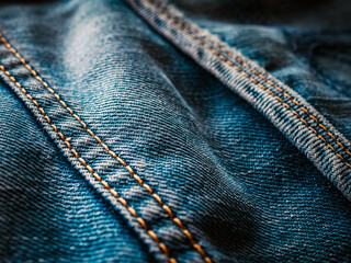 Close up of seam of blue denim texture background, jean fashion style, macro