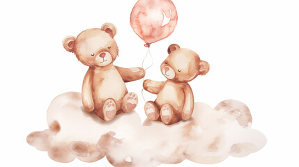 Fototapeta premium Adorable Watercolor Teddy Bears Cloud Balloon Love Romantic Art
