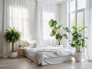 Modern Minimalist Bedroom Interior: White Bed, Philodendron Selloum Plant, Pastel Curtains