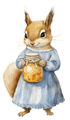 PNG A squirrel wearing cute blue dress carry a honey jar illustration watercolor character.