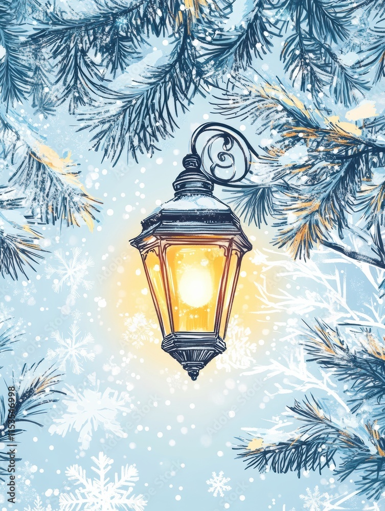 Aufkleber glowing street lantern shining bright in winter with snowflakes and pine branches surrounding it. ge