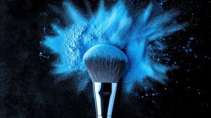 Make-up brush with blue powder explosion isolated on black background