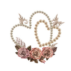 Watercolor bouquet of coffee rose with a pearl heart in pink, mocha mousse palette. Botanical clipart for wedding, Valentine's Day, poster, postcard, women's card, poster, mother's day, web design