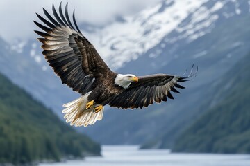 Obraz premium Eagle soaring gracefully over a picturesque landscape with mountains and river below