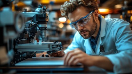 Focused male scientist analyzing 3D printing process in laboratory, showcasing advanced technology and precision engineering with intricate models on workstation